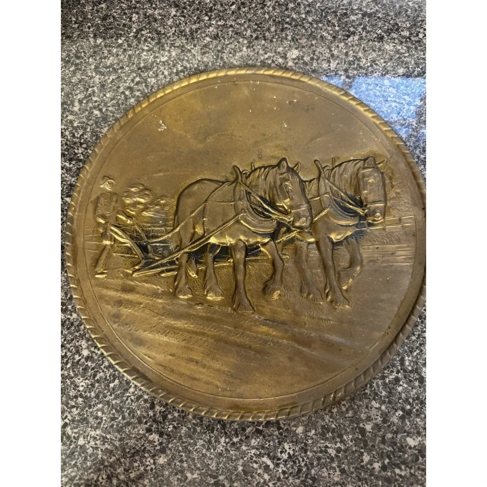 Vintage Embossed‎ Brass Wall Plate Decorative Plate Made in England Horse & Plow